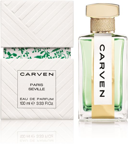 Flacone e confezione Carven Paris Séville Eau de Parfum. Flacone rettangolare in vetro con tappo dorato. Confezione bianca con logo.
