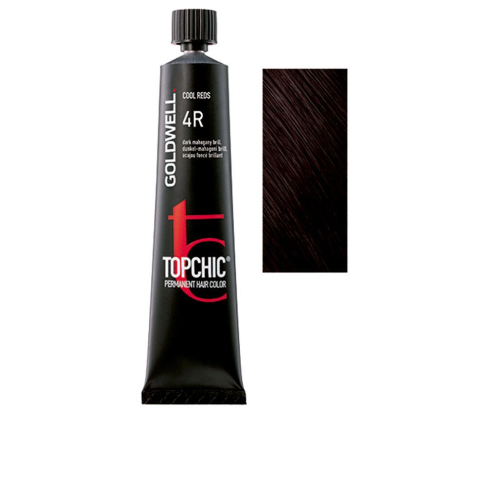 Goldwell Topchic, colore per capelli 4R, mogano scuro. Tubo con campione di colore. Scritta: COOL REDS.
