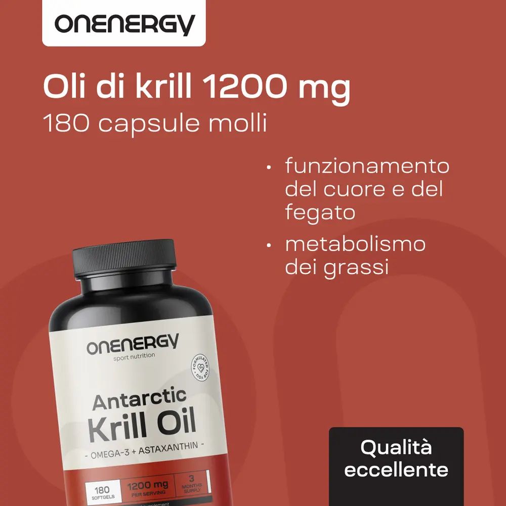 Immagine del prodotto. Testo: Olio di krill 1200 mg, 180 capsule molli. Funzionamento del cuore e del fegato, metabolismo dei grassi.