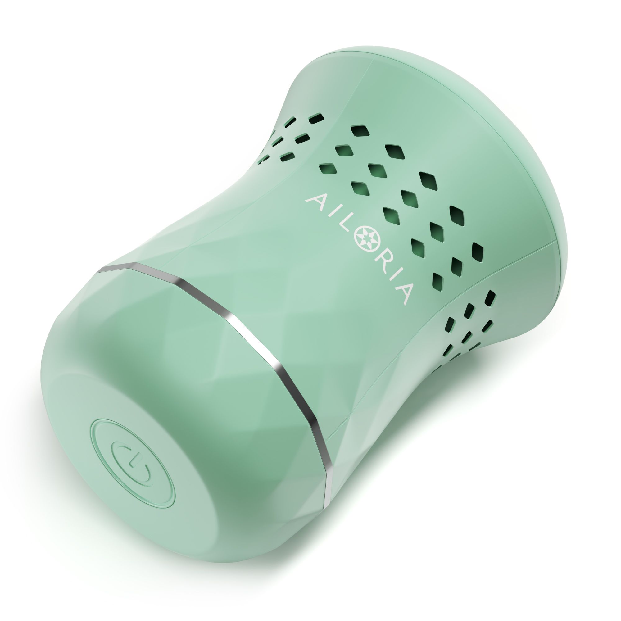 Levacalli elettrico verde menta. Logo AILORIA. Motivo a diamante, fessure di ventilazione. Striscia argentata. Pulsante on/off.