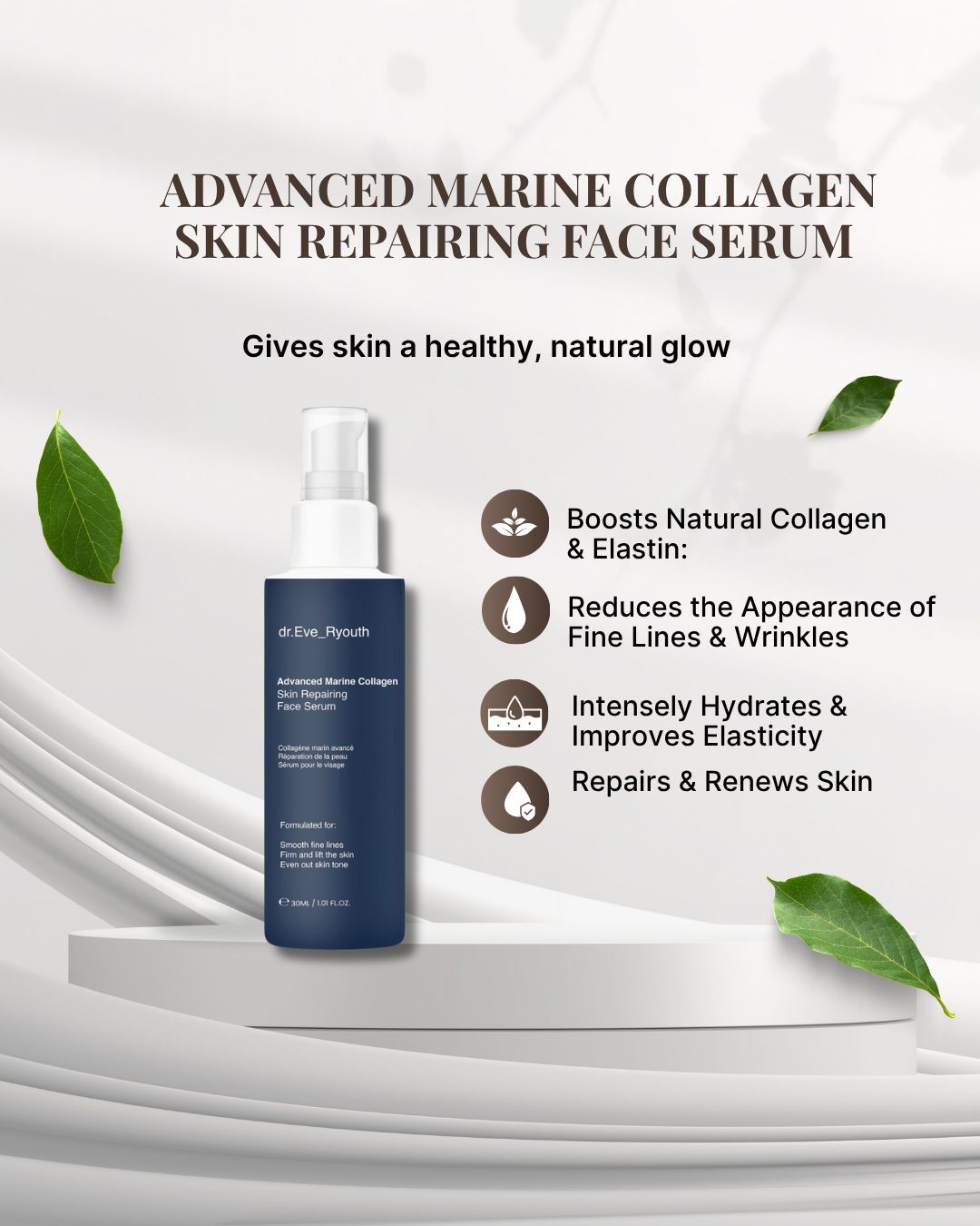Flacone blu scuro con dosatore bianco su piedistallo. Testo: "Advanced Marine Collagen Skin Repairing Face Serum". Foglie.