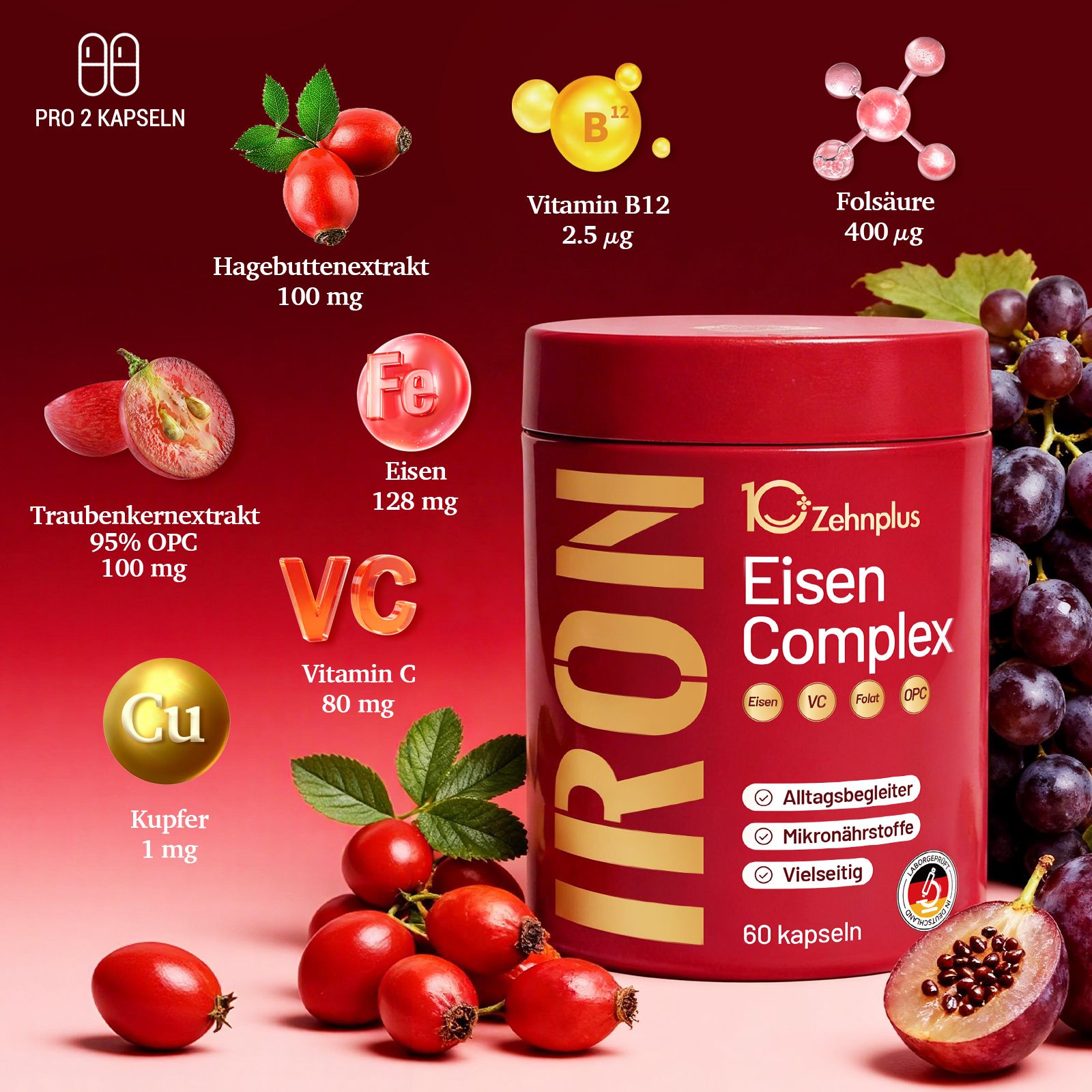 Barattolo rosso con scritta "IRON Eisen Complex". Contiene estratto di rosa canina, estratto di semi d'uva, ferro, vitamina C, B12, acido folico e rame. Frutta e bacche allegati.