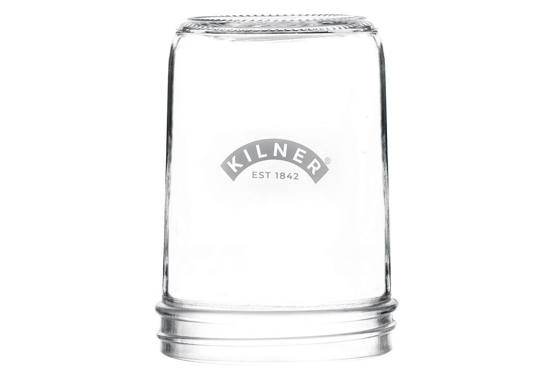 Vaso per germogli in vetro trasparente con tappo a vite. Logo: KILNER EST 1842. Vetro con apertura scanalata.