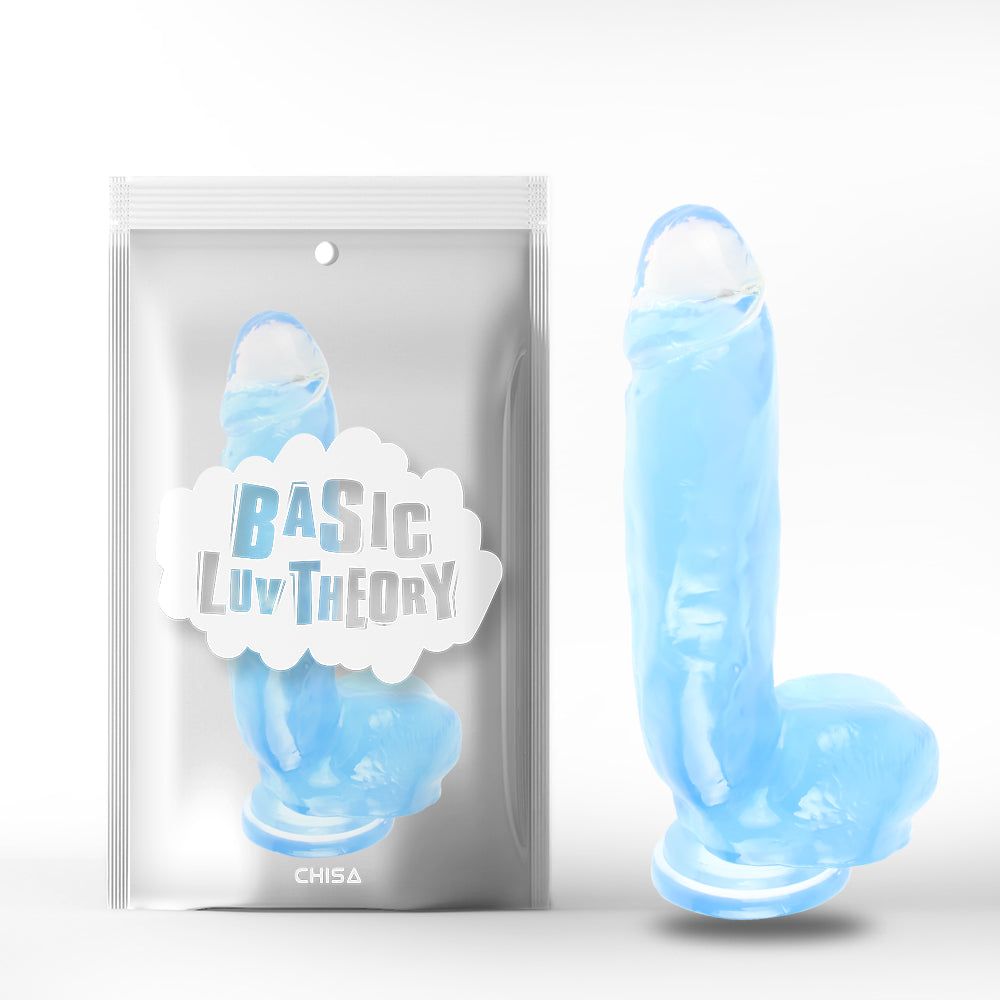 Dildo blu in confezione. Sulla confezione c'è scritto 'BASIC LUV THEORY' e 'CHISA'.