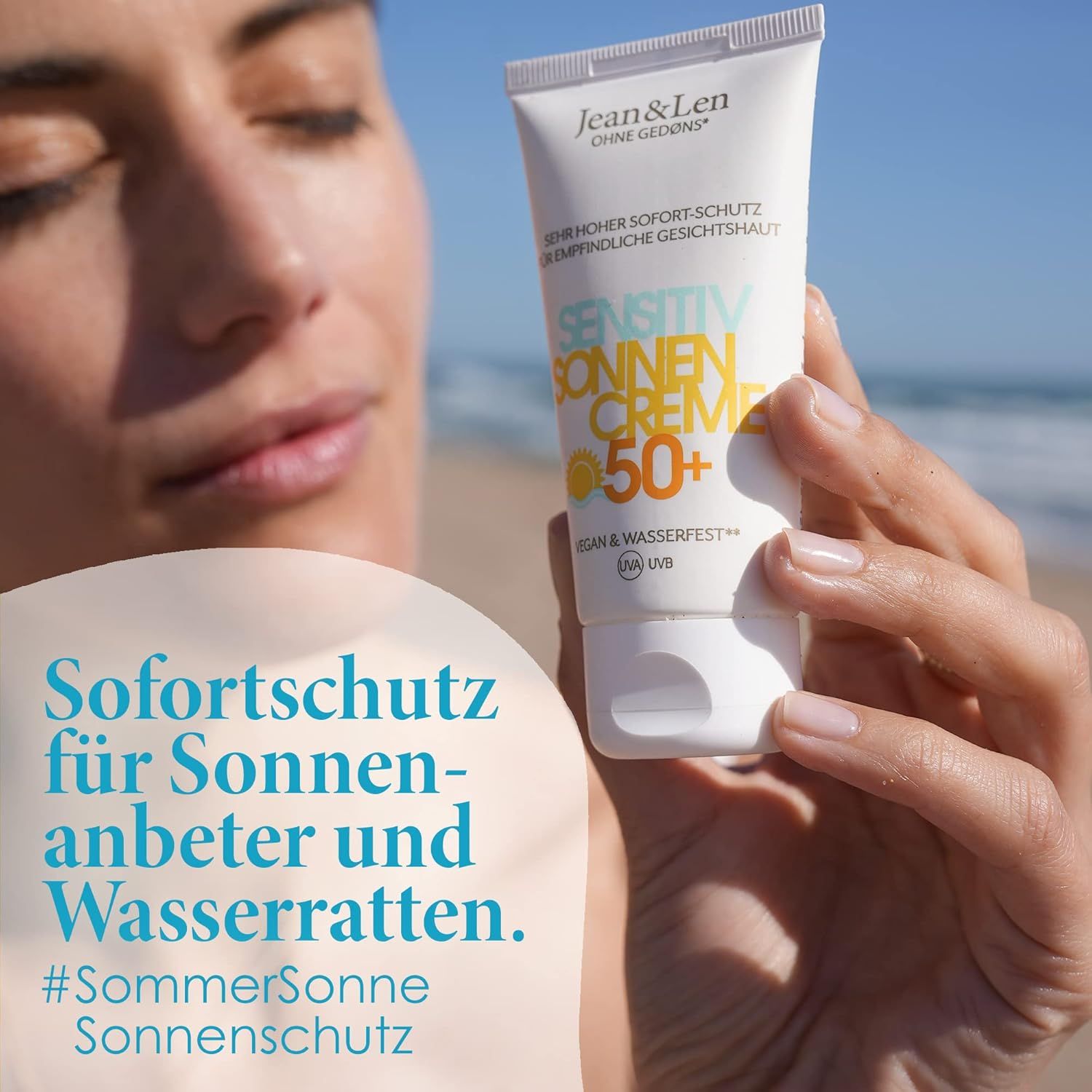 Donna tiene tubo crema solare. Testo: Protezione immediata per amanti del sole e dell'acqua. #EstateSoleProtezioneSolare.
