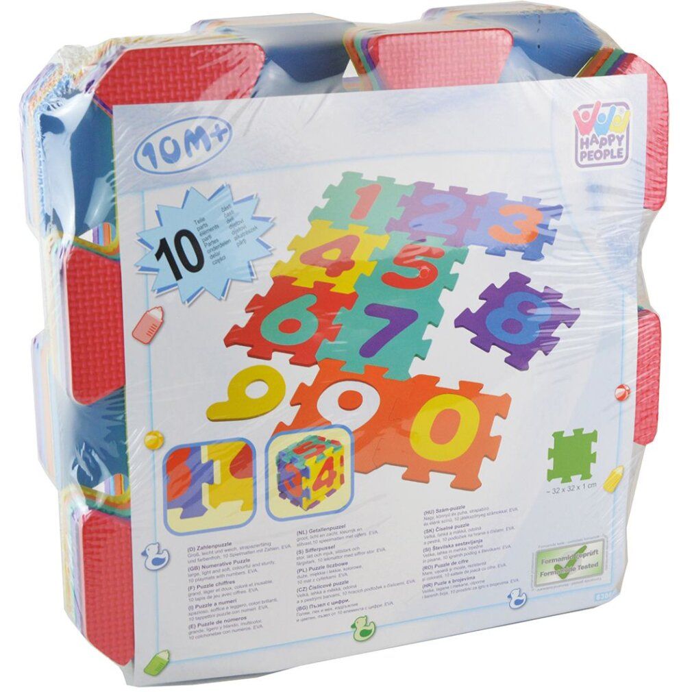 Puzzle tappetini con numeri, confezionati. La confezione mostra il prodotto e il logo Happy People. I tappetini sono colorati e hanno numeri da 0 a 9.