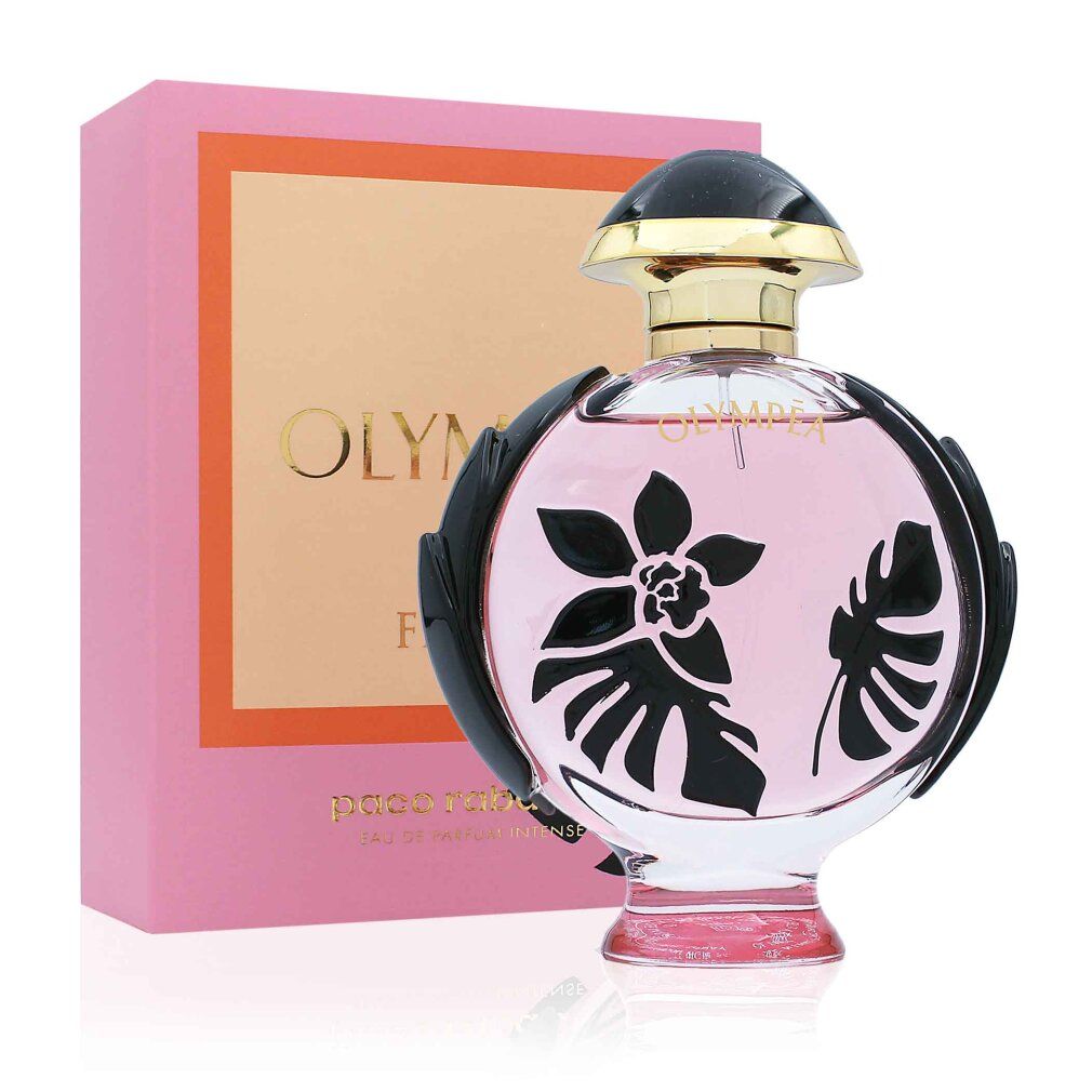 Scatola rosa e flacone. Flacone rotondo, liquido rosa, tappo nero. Motivi floreali neri. Scritta Olympéa Flora.