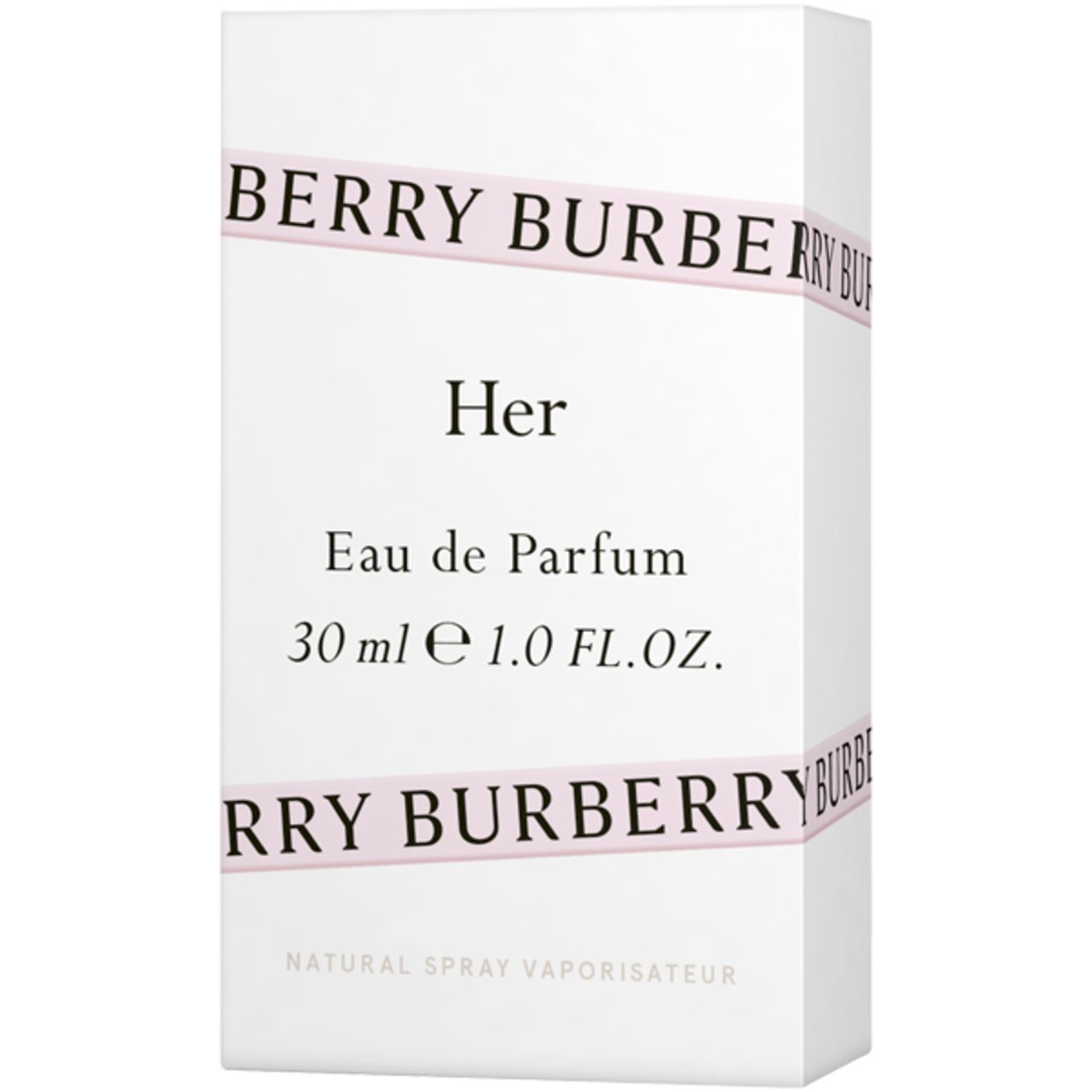 Confezione Burberry Her Eau de Parfum. Scatola bianca, testo rosa, informazioni sul prodotto.