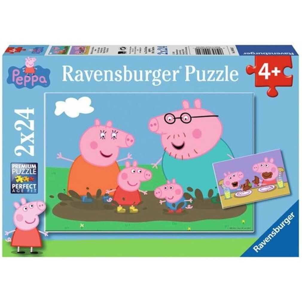 Scatola puzzle Peppa Pig. Puzzle Ravensburger, 2x24 pezzi. Scena familiare con personaggi nel fango.