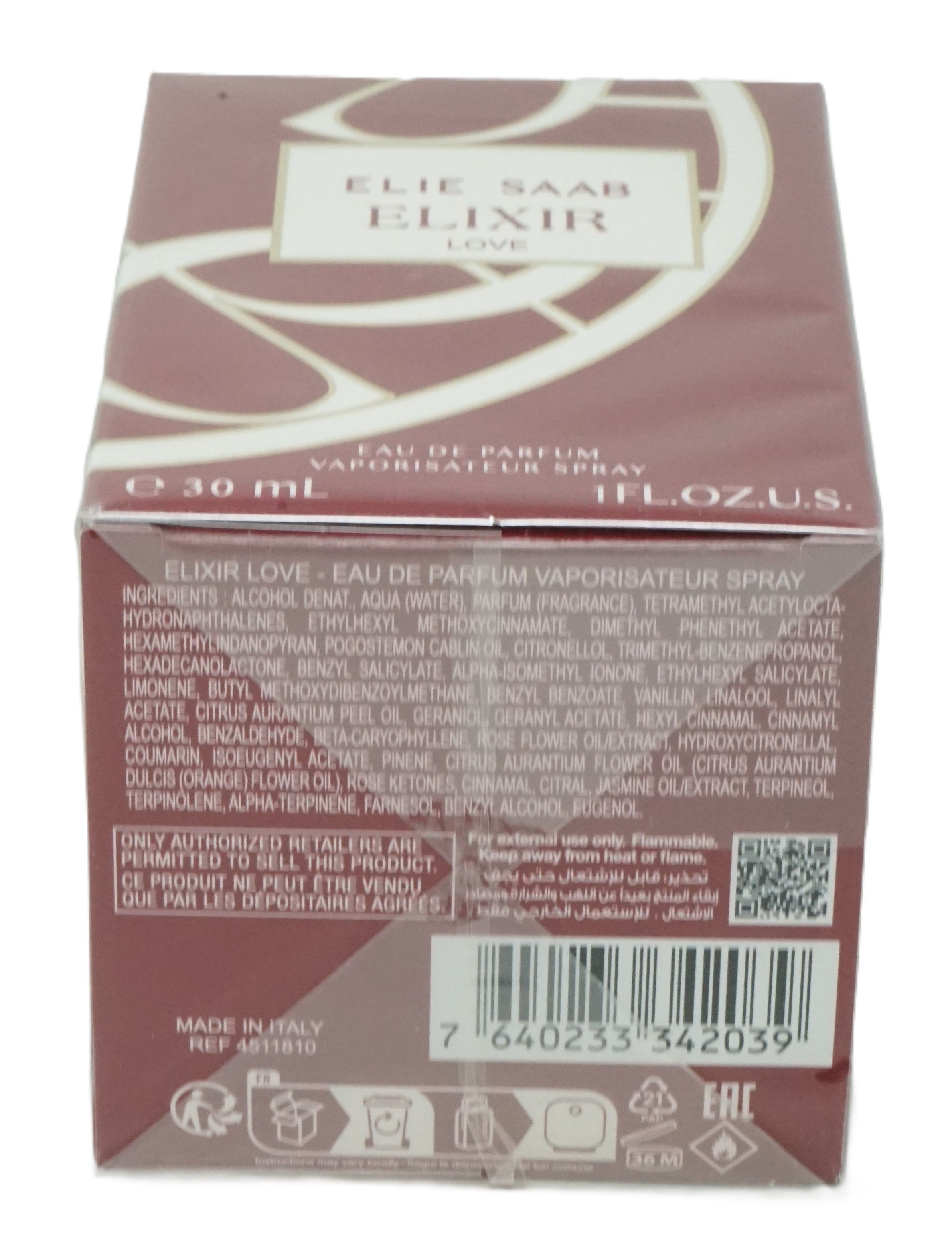 Retro della confezione rossa. Testo con ingredienti e informazioni. Flacone da 30 ml.
