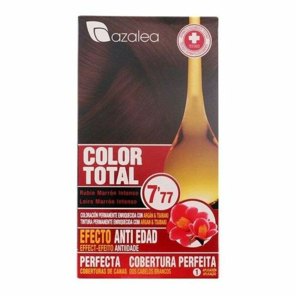 Confezione di tinta per capelli Azalea Color Total 7.77. Logo croce rossa. Testo: 'Color Total', 'Efecto Anti Edad', 'Cobertura Perfecta'.