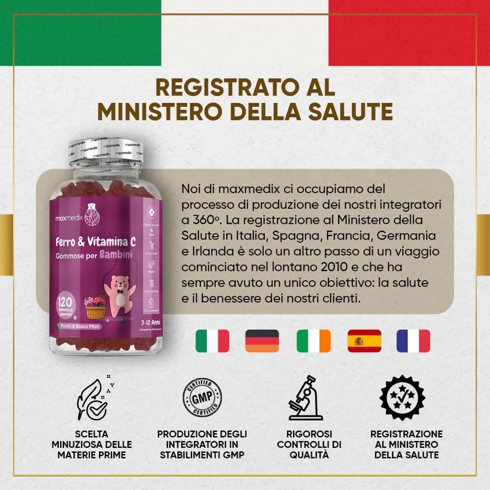 Flacone di caramelle gommose. Scritta: Ferro & Vitamina C per bambini. Registrato al Ministero della Salute. Certificazione GMP.