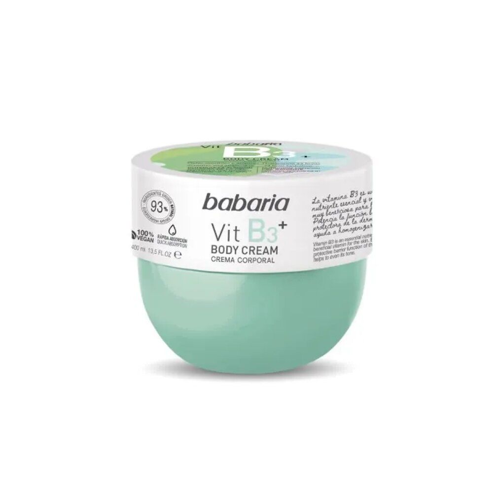 Barattolo di crema Babaria Vit B3+ Body Cream con coperchio bianco. Logo vegano.