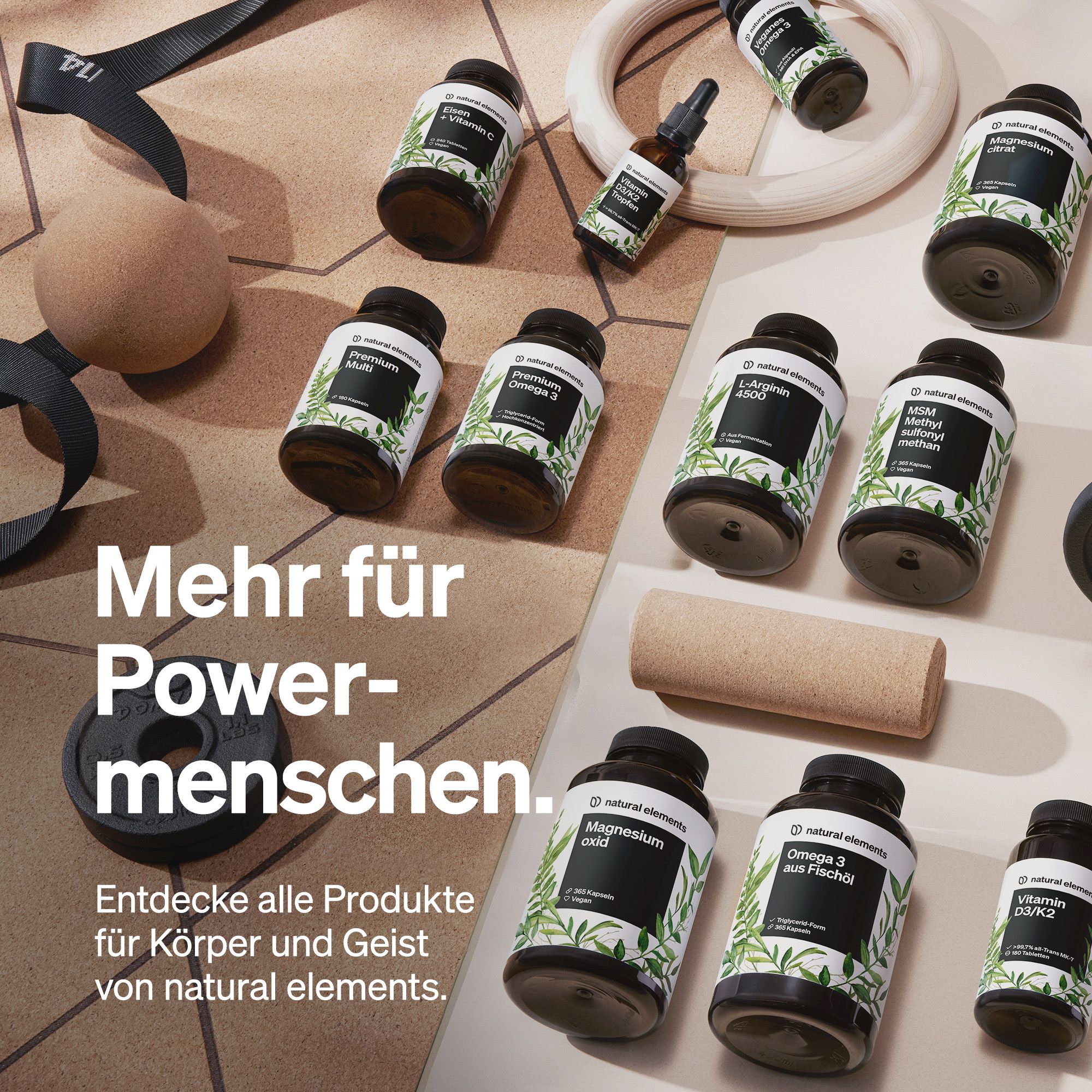 Diverse bottiglie e accessori. Scritta: natural elements. Prodotti per il corpo e la mente.