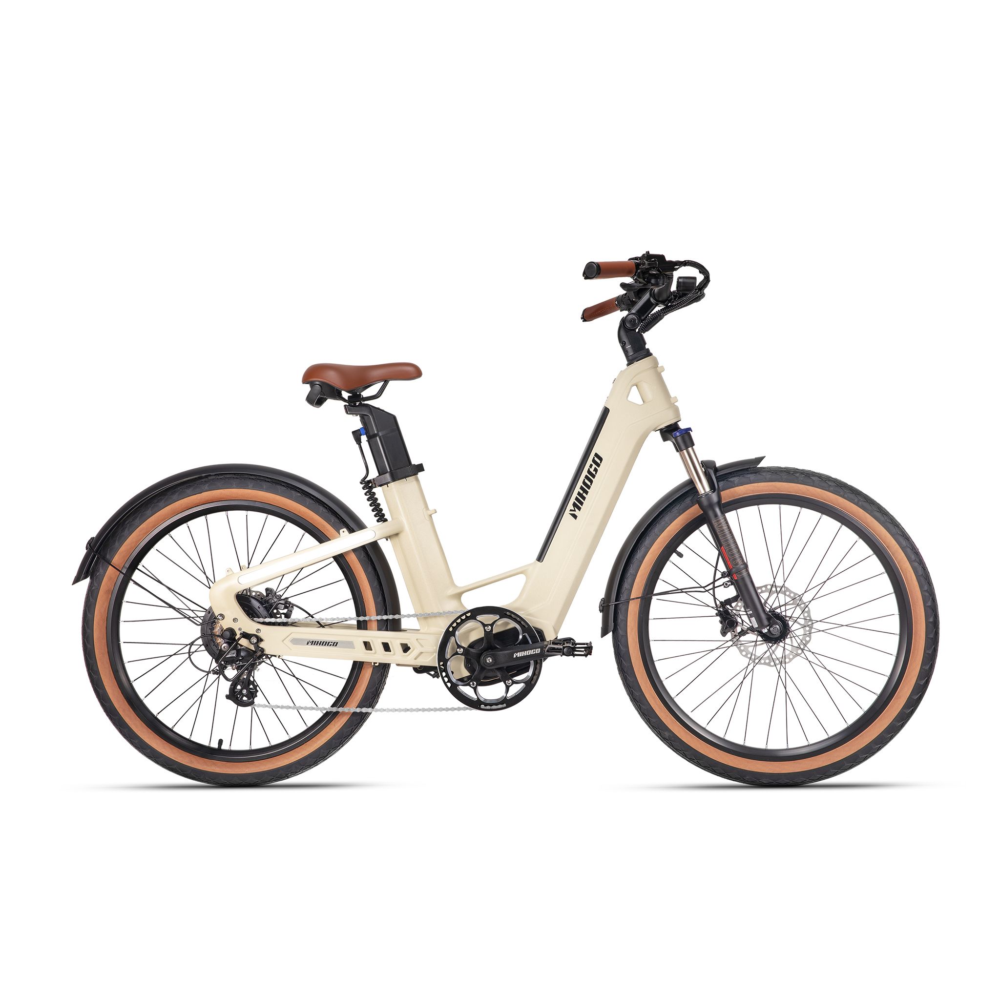 E-bike beige con pneumatici e sella marroni. Parafanghi e manubrio neri. Logo MIHOGO.