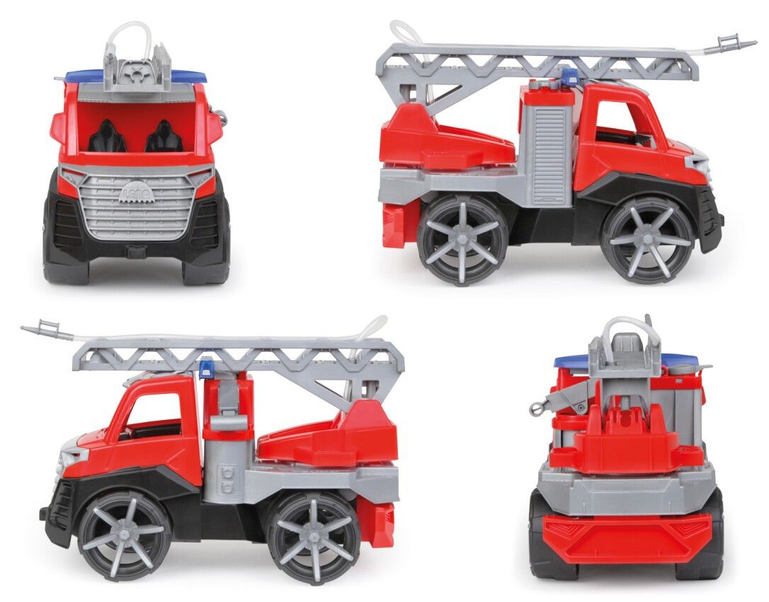 Quattro viste di un'autopompa giocattolo rossa con scala. Ruote nere. Luci blu. Scala grigia.
