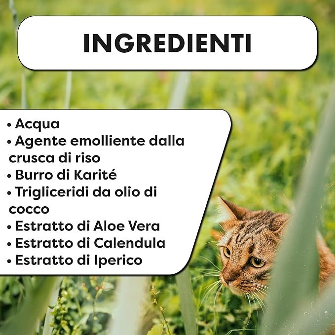 Gatto nell'erba. Testo: Ingredienti: Acqua, crusca di riso, burro di karité, trigliceridi di cocco, aloe vera, calendula, iperico.