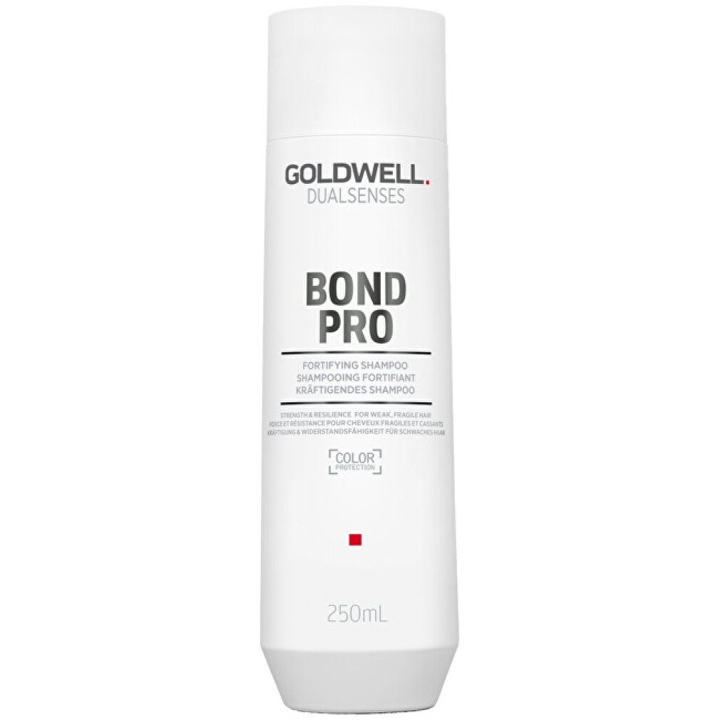 Flacone shampoo Goldwell Dualsenses Bond Pro. Bianco, cilindrico, accento rosso. Testo: BOND PRO, 250ml.