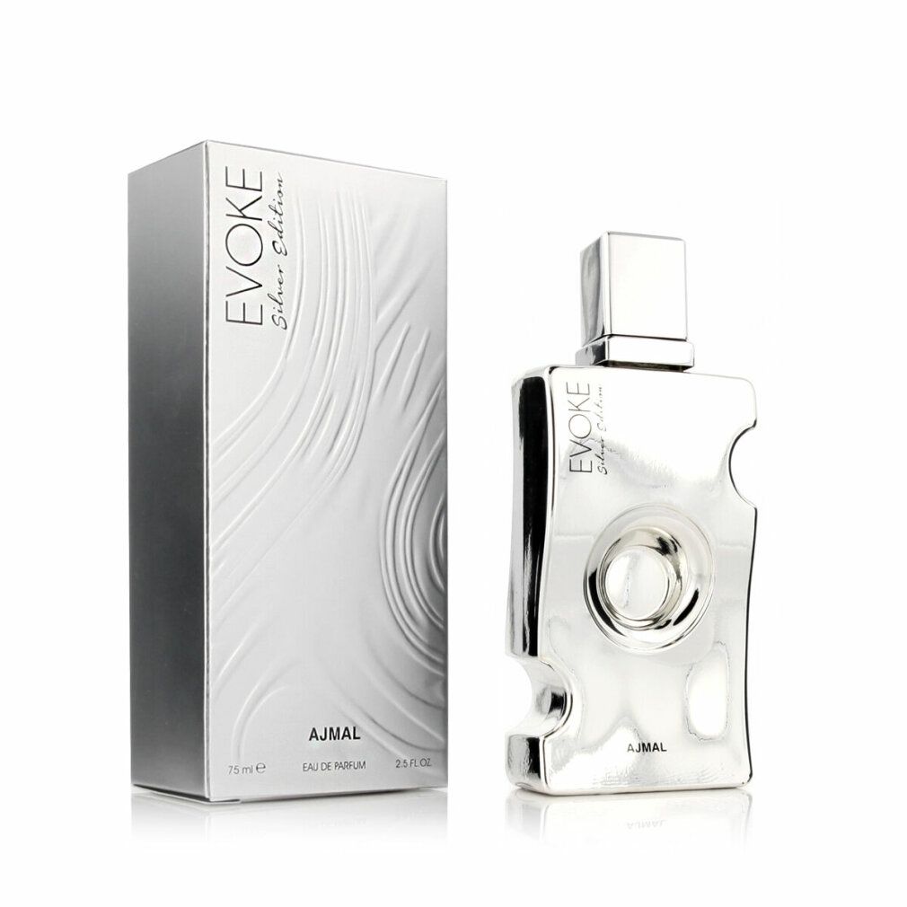 Confezione e flacone argentati. Scritta: Evoke Silver Edition, Ajmal. Flacone con tappo quadrato.