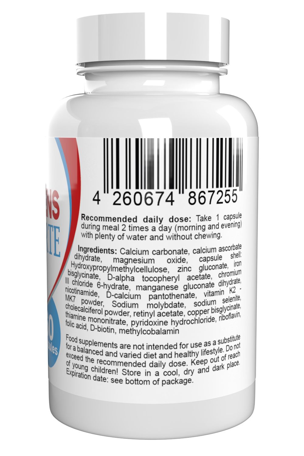 Flacone bianco di capsule con codice a barre e testo. Contiene informazioni sulla dose giornaliera raccomandata, ingredienti e durata.