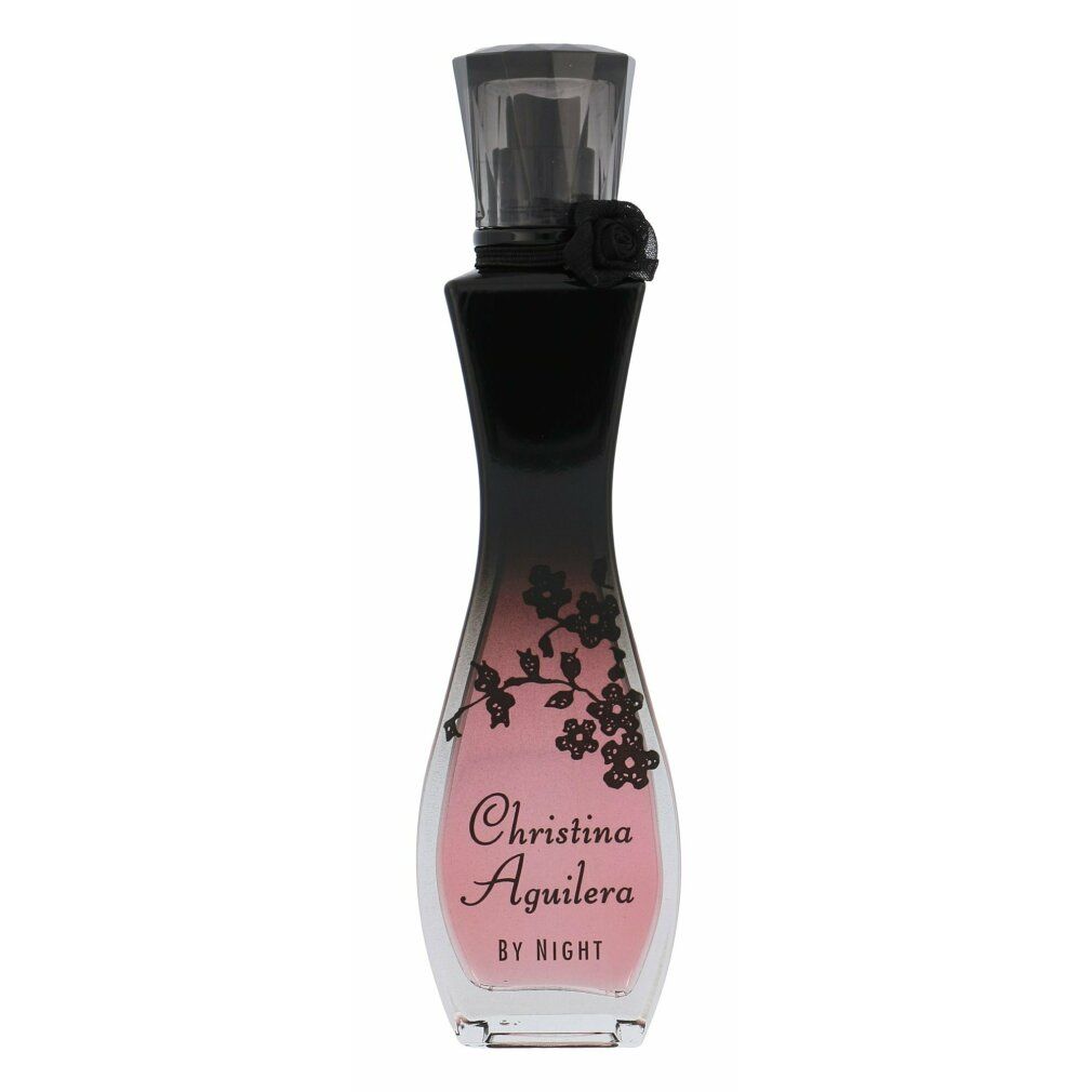 Flacone di profumo nero e rosa con decorazioni floreali. Scritta: Christina Aguilera BY NIGHT. Vaporizzatore.