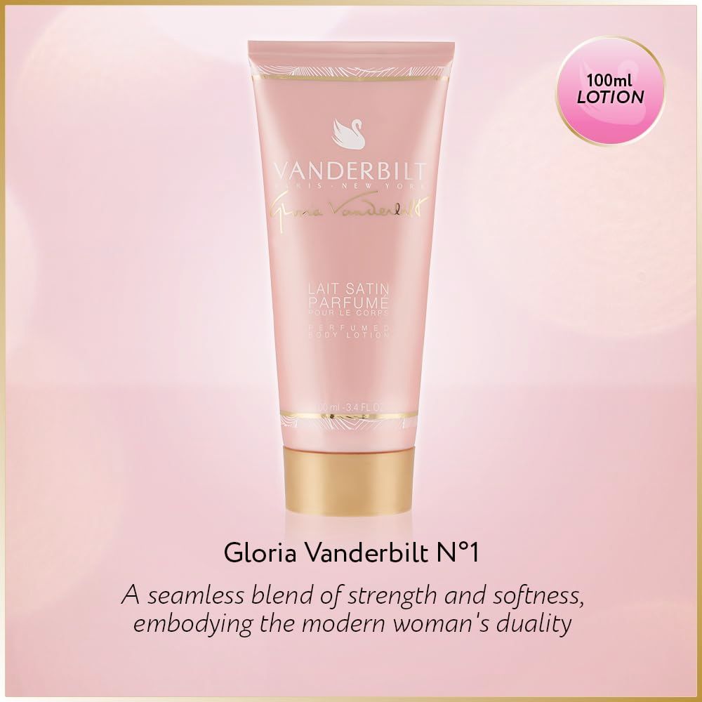 Tubo di lozione per il corpo rosa con tappo dorato. Testo: Gloria Vanderbilt N°1, Lait Satin Parfume.