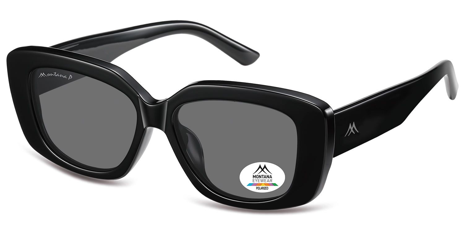 Occhiali da sole neri, montatura rettangolare. Logo Montana Eyewear sull'asta e sulle lenti. Polarizzati.