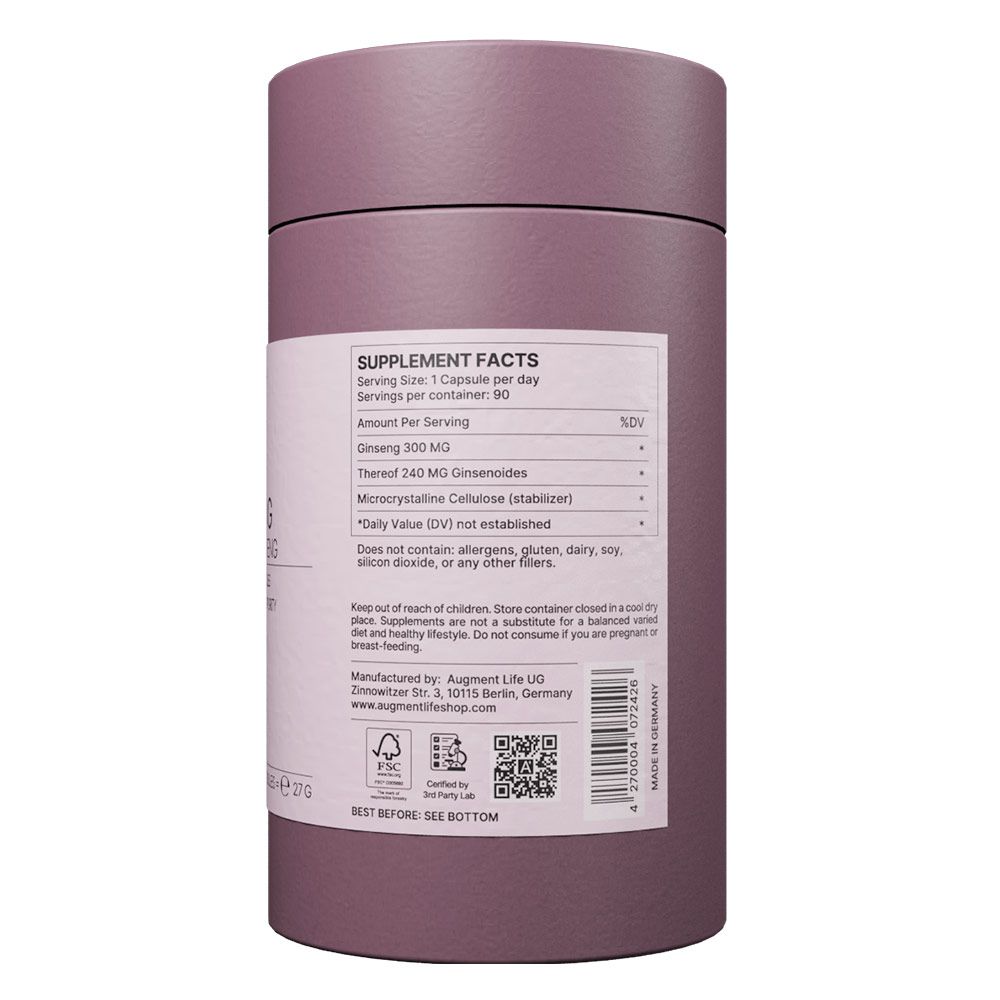 Informazioni nutrizionali su barattolo rotondo: Ginseng 300 mg, di cui 240 mg di ginsenosidi. Contiene 90 capsule.