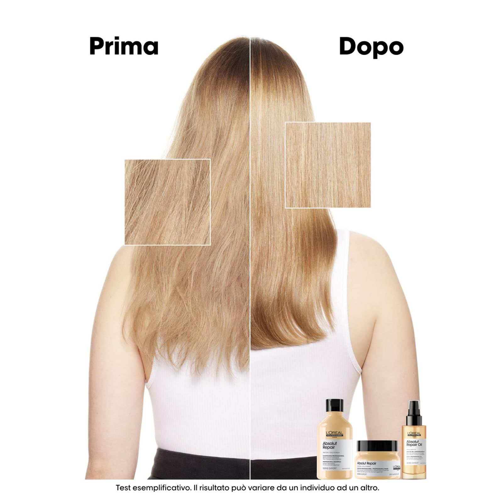Confronto capelli prima e dopo l'uso. Vengono mostrati due tipi di capelli. Prodotti: shampoo, maschera e olio.