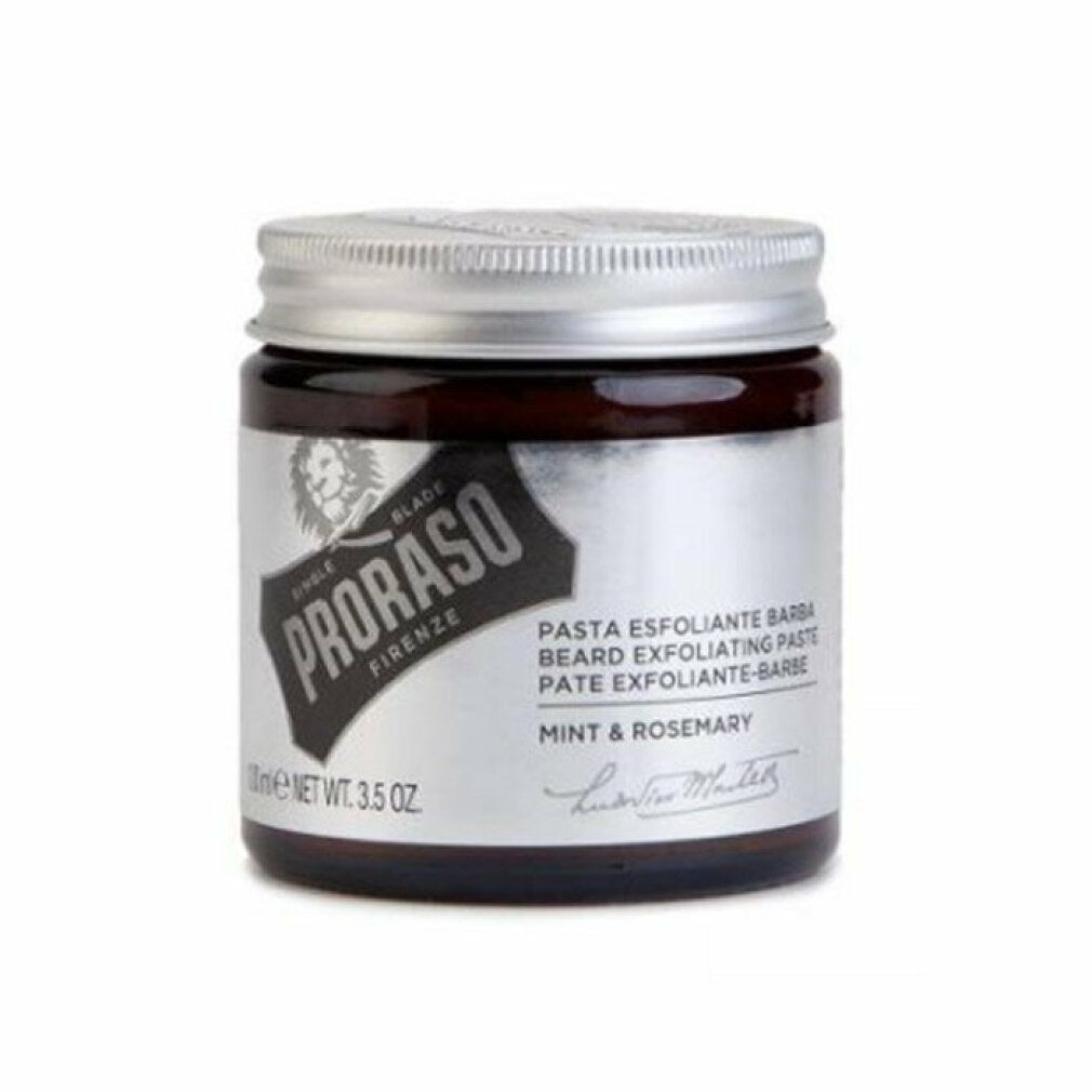 Vaso di vetro marrone con coperchio argentato. Etichetta con logo e nome del prodotto. Testo: Pasta Esfoliante Barba, Mint & Rosemary.
