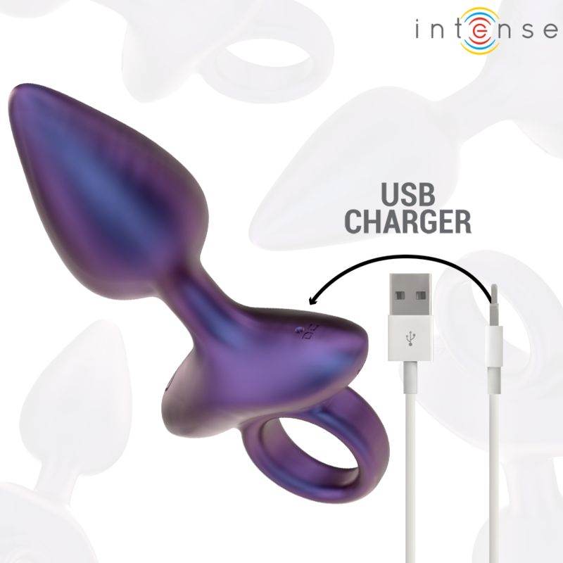 Plug anale viola con impugnatura e anello bianchi. Caricatore USB. Marchio: Intense.