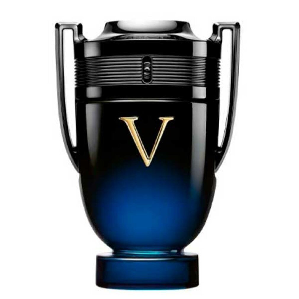Flacone nero con "V" dorato. Sfumatura blu. Manici e coperchio. Scritta non visibile.