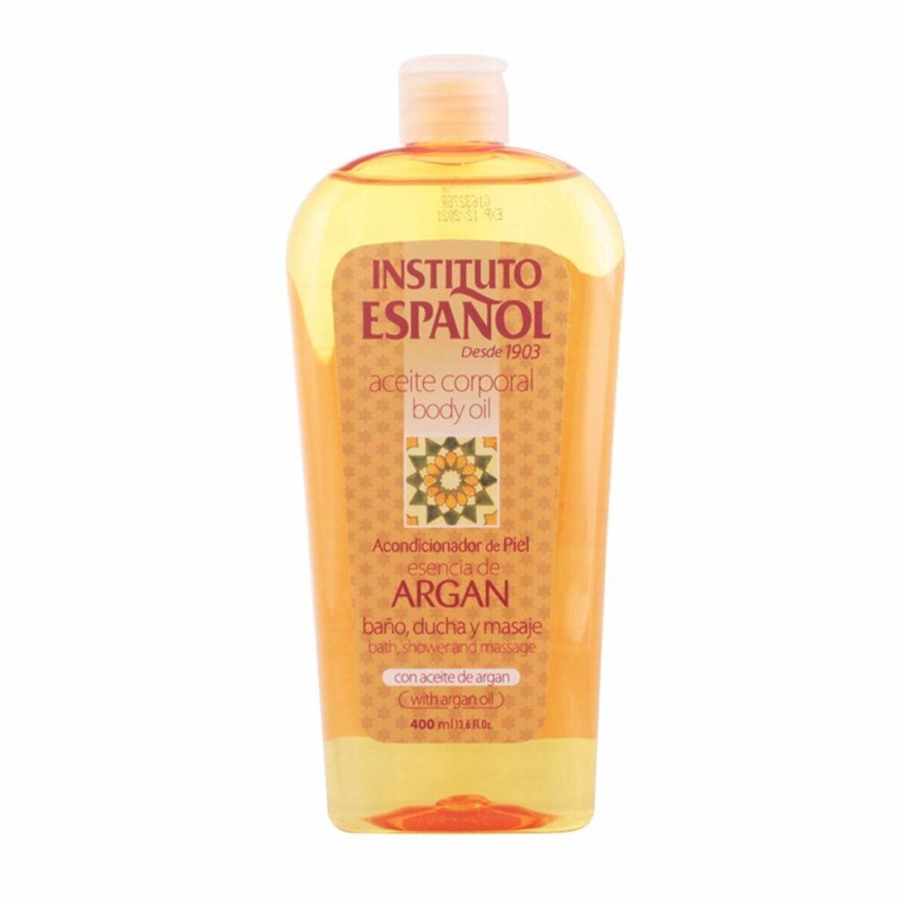 Olio di Argan Anfora. Bottiglia di olio giallo. Scritta Instituto Español, olio di Argan, per bagno, doccia e massaggio.