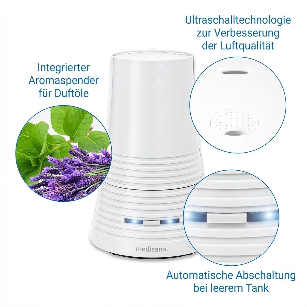 Umidificatore medisana AH 662 bianco con tecnologia a ultrasuoni e diffusore di aromi integrato.