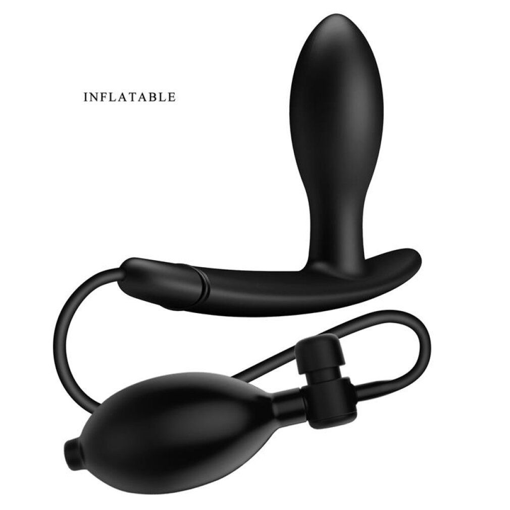Plug anale gonfiabile nero con pompa integrata e tubo. Il plug ha una forma ergonomica.