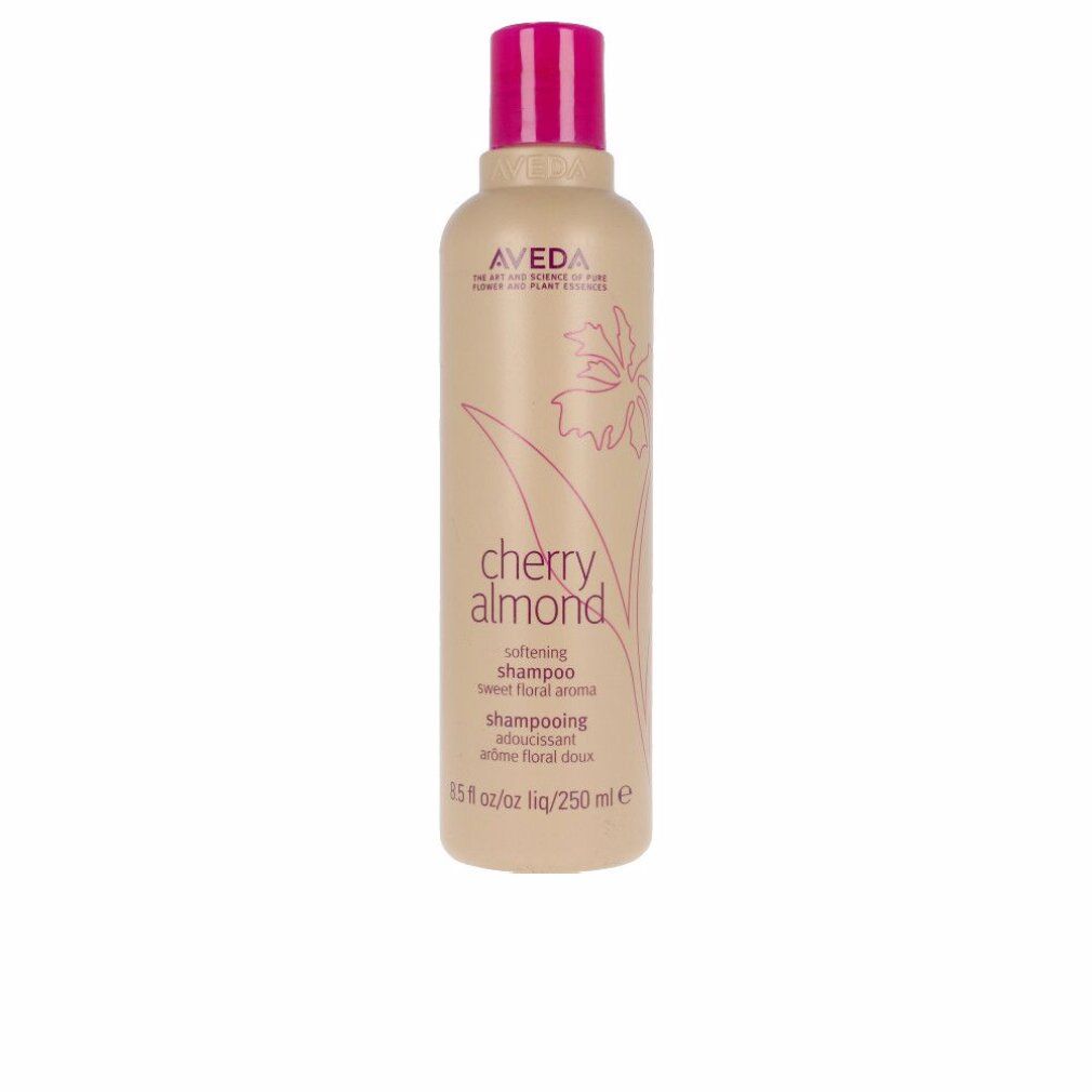 Flacone di shampoo beige con tappo rosa. Scritta: Cherry Almond, Aveda. 250 ml.