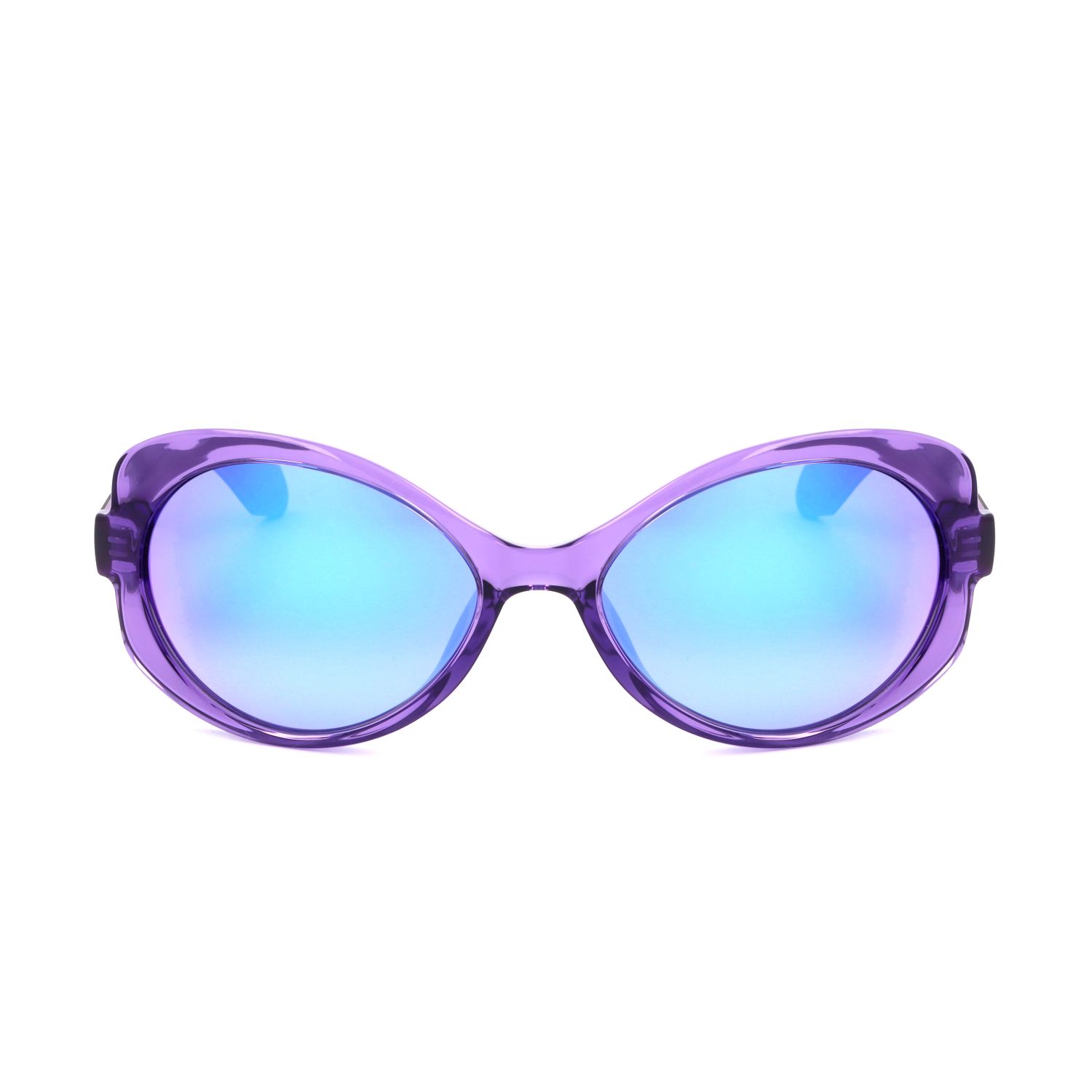 Occhiali da sole viola con lenti a specchio blu e montatura ovale.