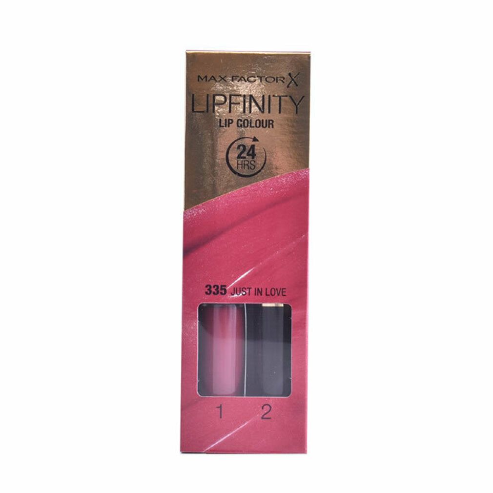 Max Factor Lipfinity Lip Colour 335 Just In Love. Set rossetto in confezione. Contiene rossetto e top coat. Confezione rosa e oro.
