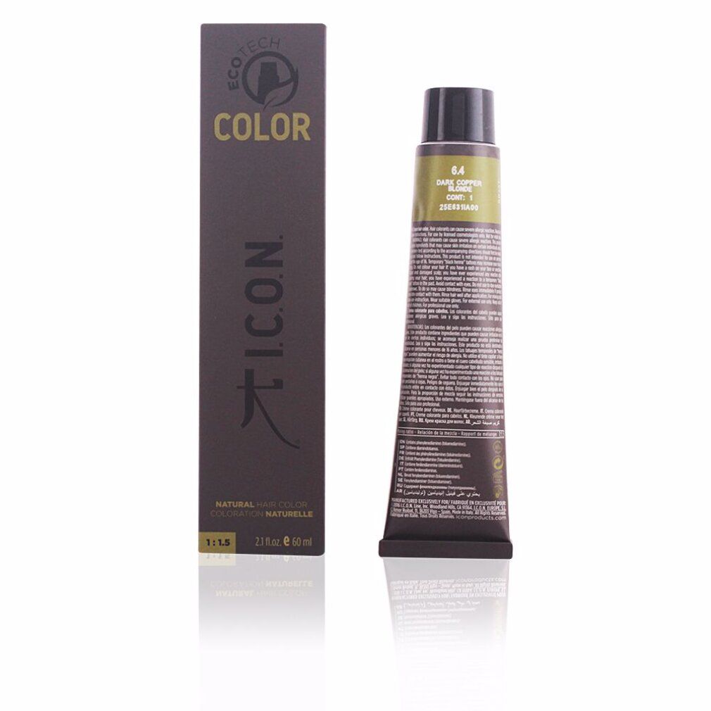 Tubo e scatola di tinta per capelli. Tubo con scritta 6.4, rame scuro. Scatola con scritta COLOR e logo I.C.O.N.