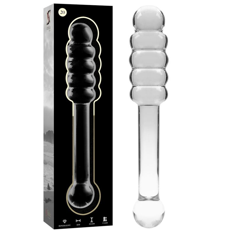 Dildo in vetro borosilicato, lungo 20,5 cm, con testa a coste e impugnatura sferica.