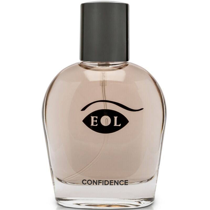 Flacone in vetro con tappo grigio e logo "EOL" e scritta "CONFIDENCE".
