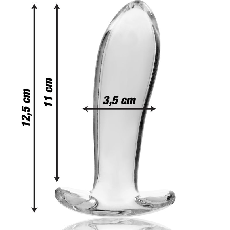 Plug anale in vetro trasparente, dimensioni: 12,5 cm lunghezza, 11 cm lunghezza totale, 3,5 cm larghezza.