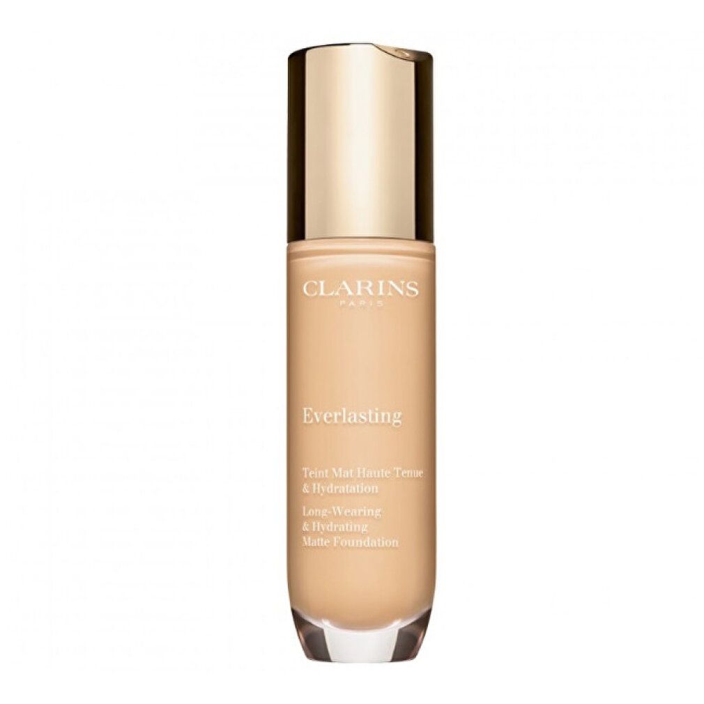 Flacone di trucco Clarins Everlasting Teint Mat. Liquido chiaro in bottiglia di vetro con tappo dorato. Nome e caratteristiche stampati.