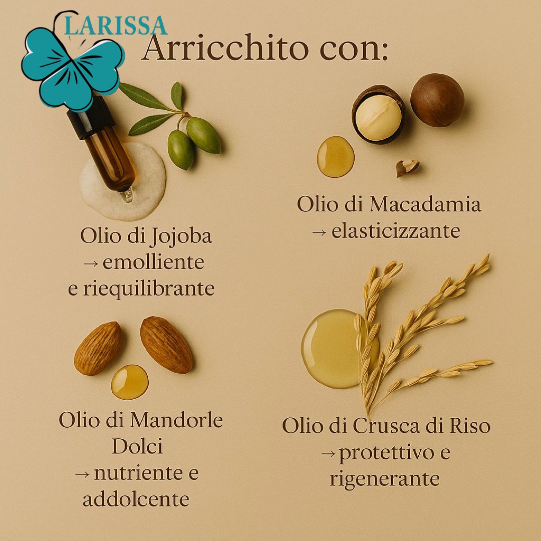 Ingredienti: oli di jojoba, mandorla, macadamia e crusca di riso.