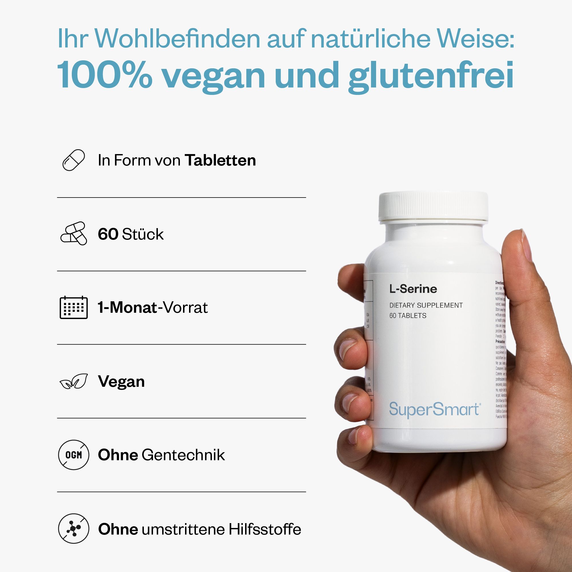 Flacone bianco di L-Serina, integratore alimentare, 60 compresse, vegano, senza glutine, non OGM.