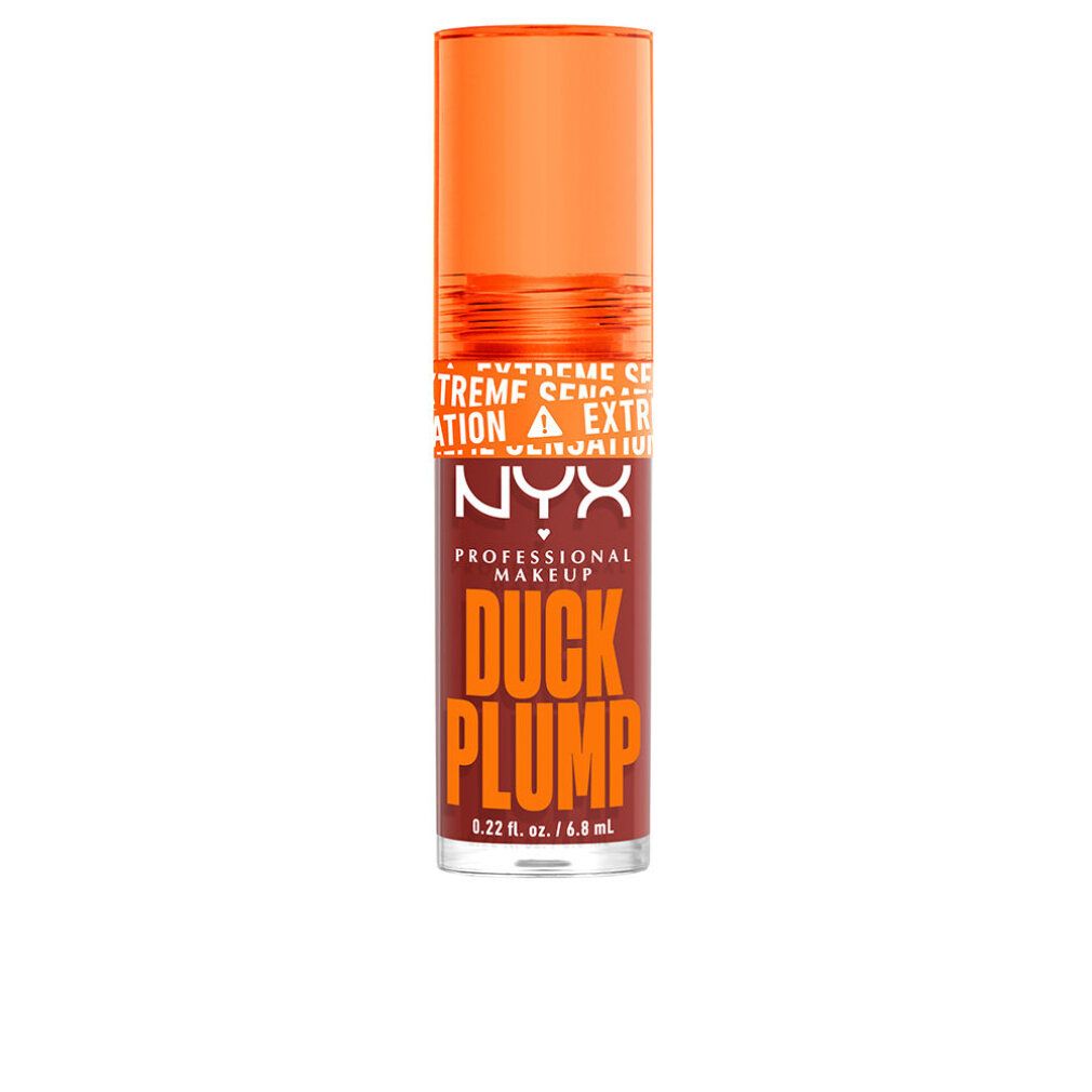 Tubo di lucidalabbra con tappo arancione. NYX Professional Makeup Duck Plump, color marrone-rossastro. Testo: Extreme Sensation.
