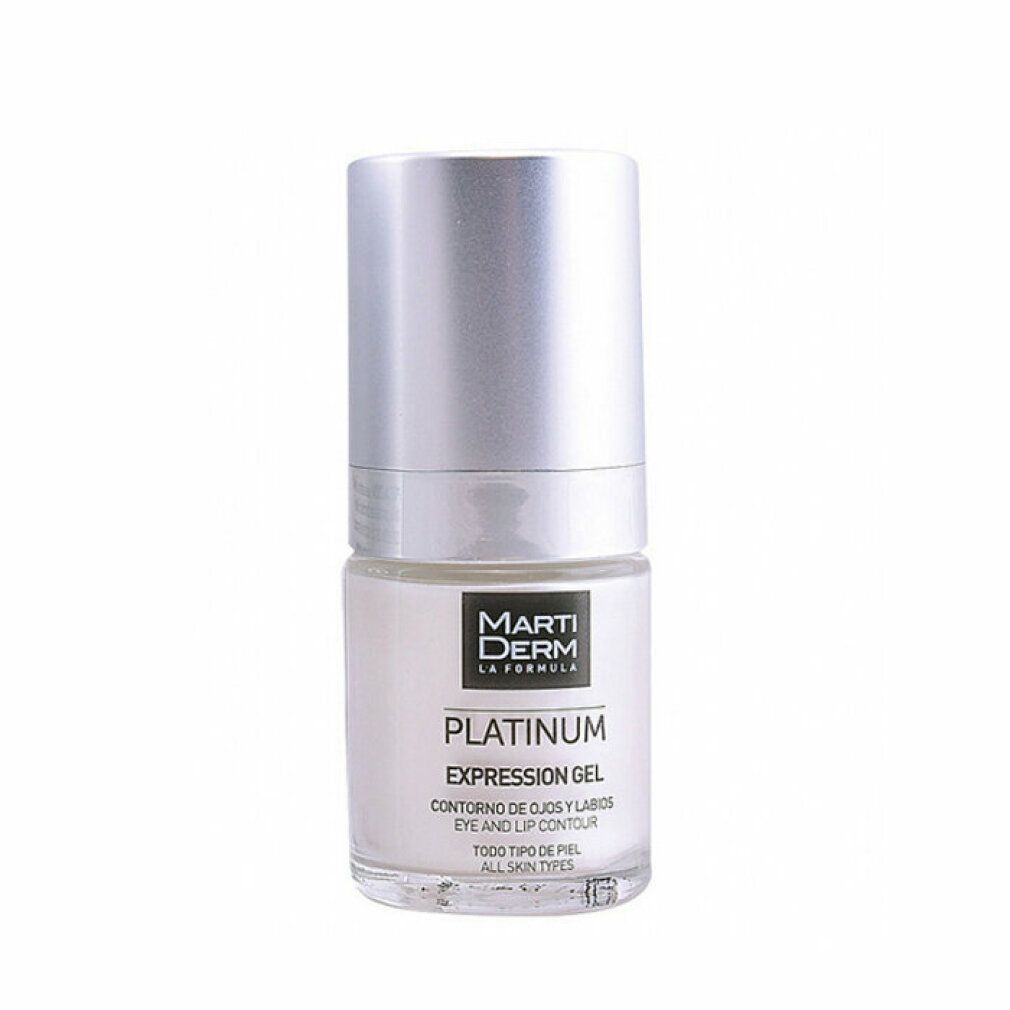 Prodotto cilindrico con tappo argentato. Scritta: Marti Derm Platinum Expression Gel. Per il contorno occhi e labbra.