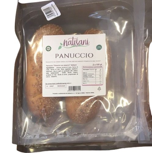 Confezione trasparente con due panini al sesamo. Marchio "Natisani" e scritta "Panuccio".