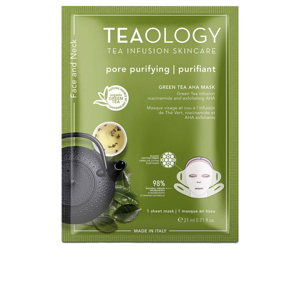 Confezione verde con informazioni sul prodotto. Testo: Teaology Tea Infusion Skincare, Green Tea AHA Mask. Illustrazione: teiera, tè, maschera viso.