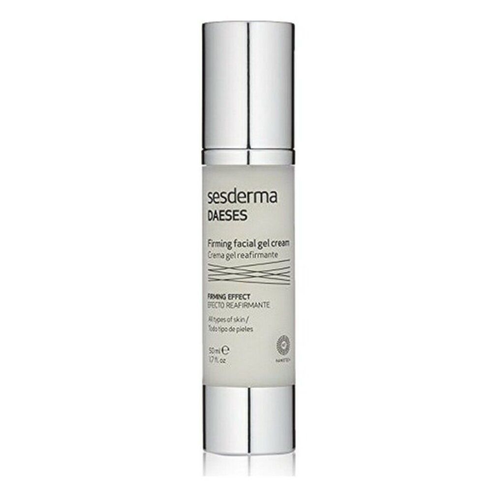 Sesderma Daeses Gel Crema Viso Rassodante. Flacone bianco con tappo argentato. Nome del prodotto e dettagli stampati.